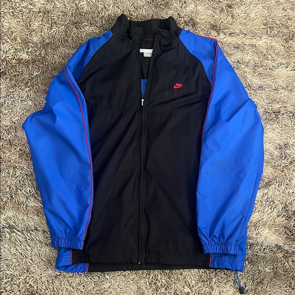 Nike: Black and Blue Windbreaker with Stand-Up Collar